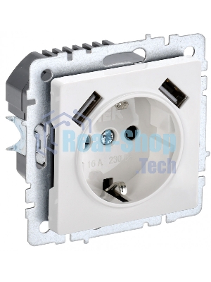 Розетка 1-местная IEK BRITE РЮш10-2-БрБ (BR-R14-16-U21-D31-K01) с заземлением, с защитными шторками, 16А, с USB A+A 5В 3,1А, белый