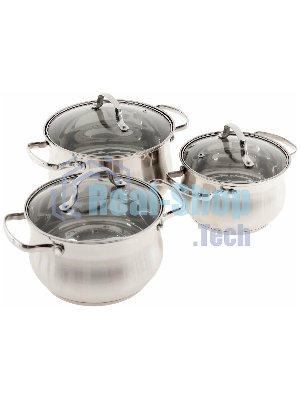 Набор посуды Kelli KL-4209 6 пред. Кастрюля с жаропрочной стекл. крышкой 2.1 л. Кастрюля с жаропрочной стекл. крышкой 3 л. Кастрюля с жаропрочной стекл. крышкой 4 л. Высококачественная нерж. сталь 18/10. 5-ти слойное капсульное дно.