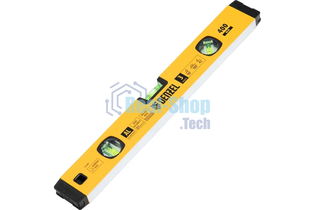 Уровень алюминиевый Denzel магнит., фрезерованный, 3 глазка (1 зеркал.), 0,5 мм/м, 400 мм