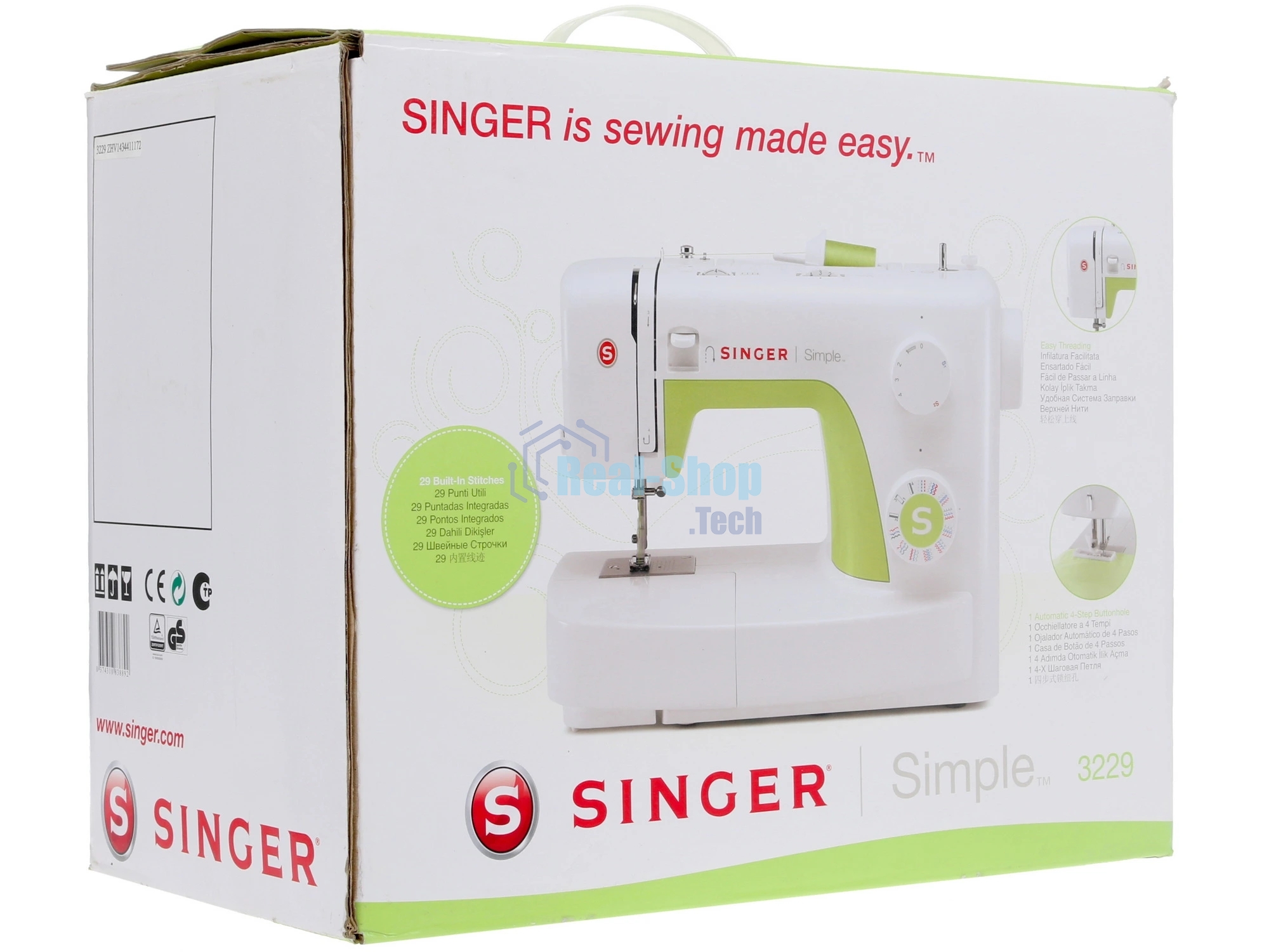 Швейная машина Singer Simple 3229 белый, электромеханическая, вертикальный качающийся, 29 операций, петля полуавтомат