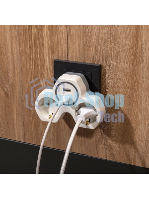 Двойник Rexant электрический (разветвитель) 16А с/з + USB-A + USB-C с защитными шторками, белый