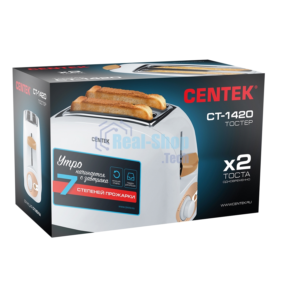 Тостер Centek CT-1420 (белый) 750 Вт, 7 уровней мощности, теплоизолированный корпус, функция отмены