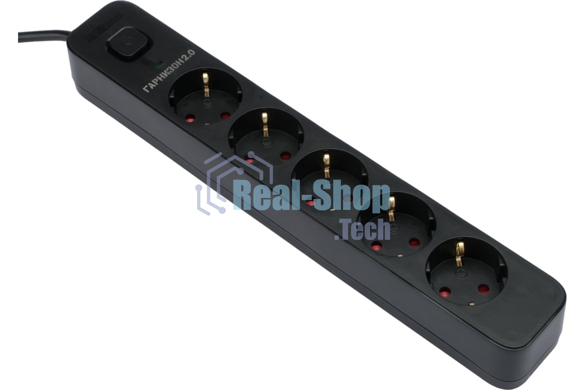 Сетевой фильтр Гарнизон 2.0 EPS-5-B-2, 5 р, 10А, 2 м, ур.защиты 2+, черный, пакет