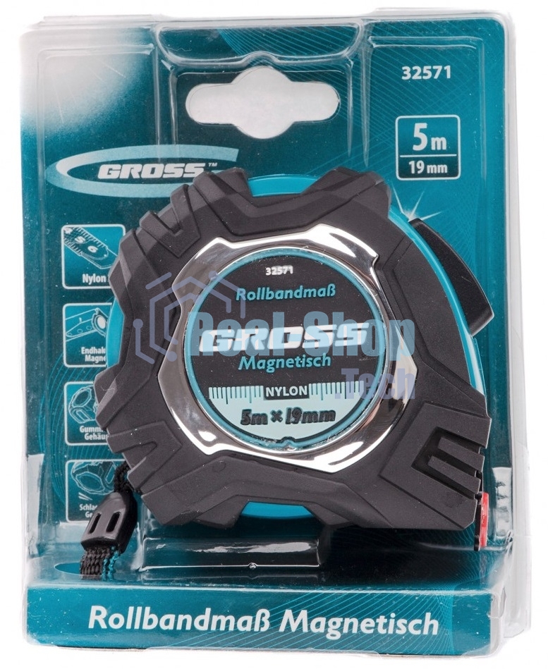 Рулетка Gross Magnetisch, 5 м х 19мм, обрезин. корпус, автоматич. фиксация, нейлон. покр., магн. зацеп