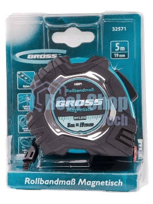 Рулетка Gross Magnetisch, 5 м х 19мм, обрезин. корпус, автоматич. фиксация, нейлон. покр., магн. зацеп