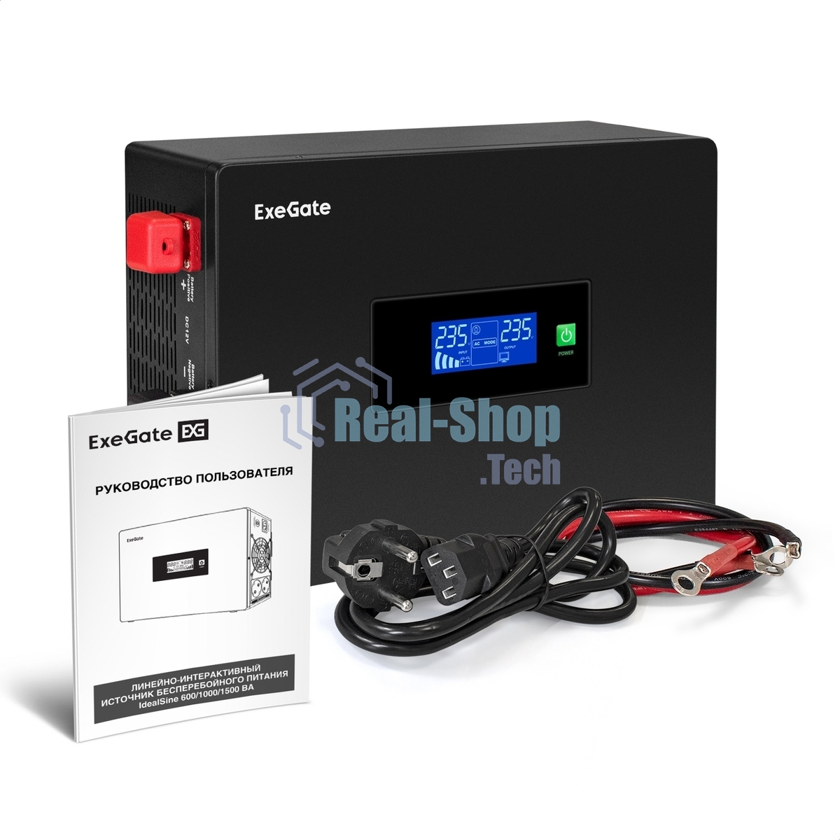 Комплект источника бесперебойного питания Exegate EX295993RUS + батарея 33Aч EX282974RUS 1шт (инвертор, синус, для котла, PF=1, настенный) ExeGate IdealSine SR-1000.LCD.2SH 1000VA/1000W, чистая синусоида, цветной LCD-дисплей, 2*Schuko, крепление настенное