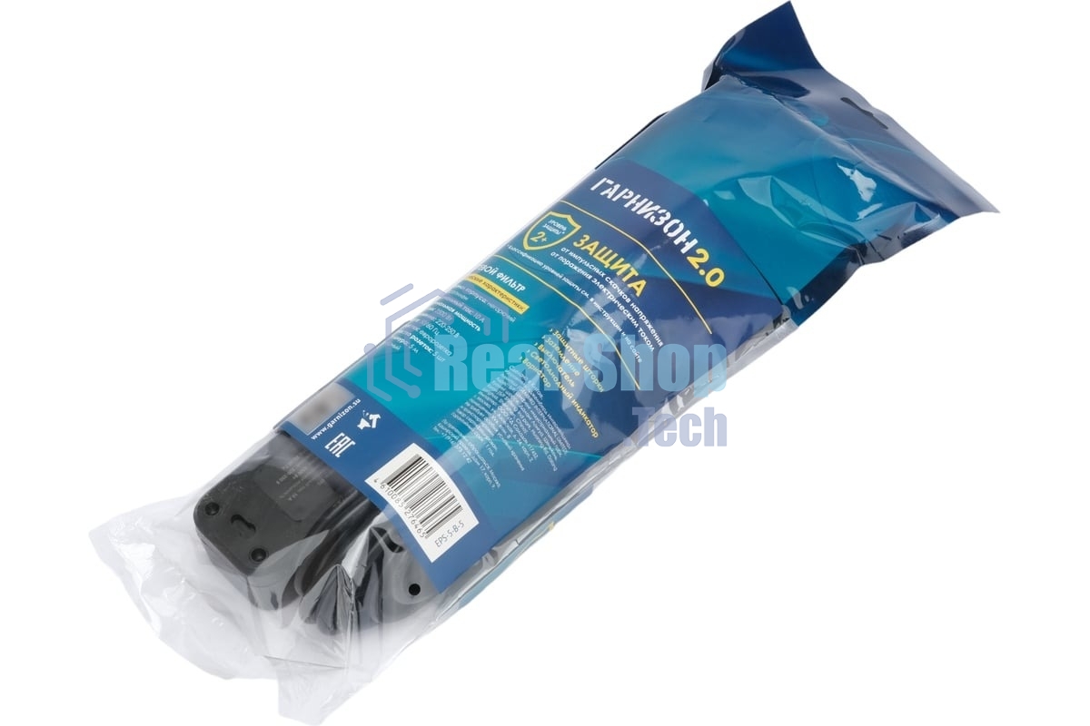 Сетевой фильтр Гарнизон 2.0 EPS-5-B-5, 5 р, 10А, 5 м, ур.защиты 2+, черный, пакет