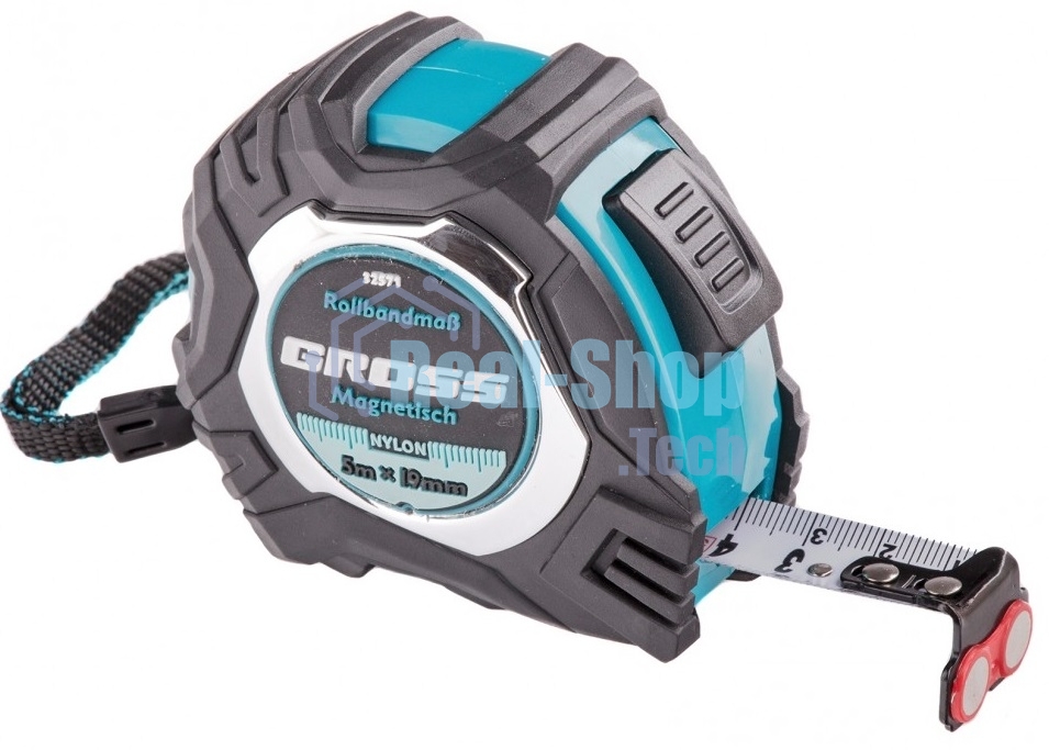Рулетка Gross Magnetisch, 5 м х 19мм, обрезин. корпус, автоматич. фиксация, нейлон. покр., магн. зацеп