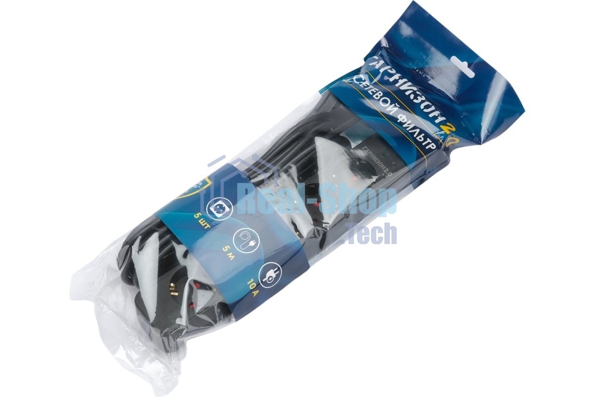 Сетевой фильтр Гарнизон 2.0 EPS-5-B-5, 5 р, 10А, 5 м, ур.защиты 2+, черный, пакет