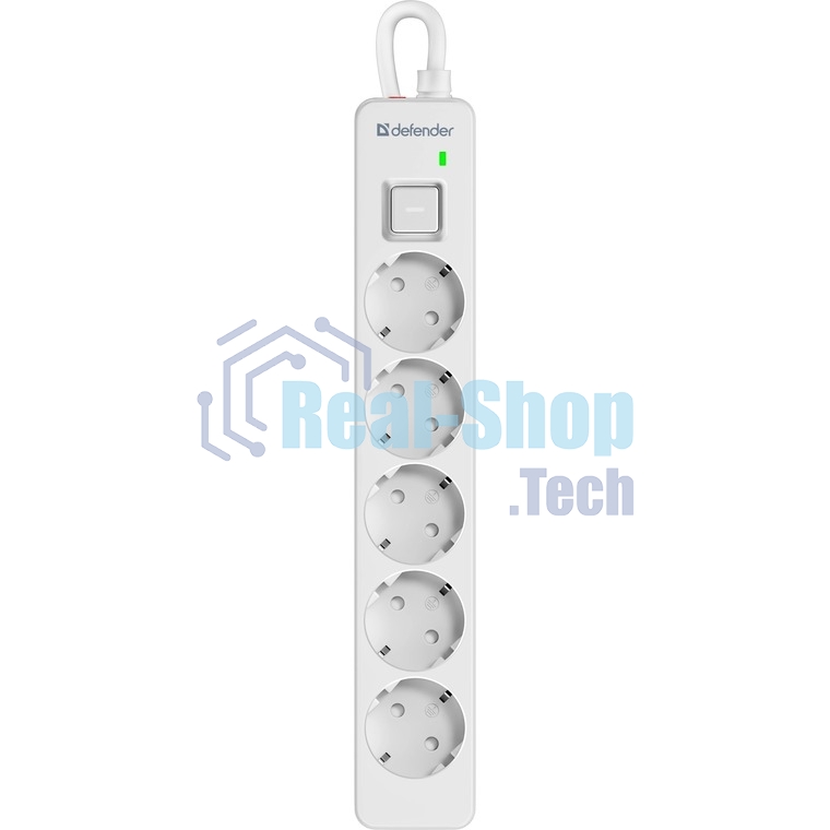 Удлинитель с сетевым фильтром Defender DFS 131, белый, 5 розеток, 1.5 м.