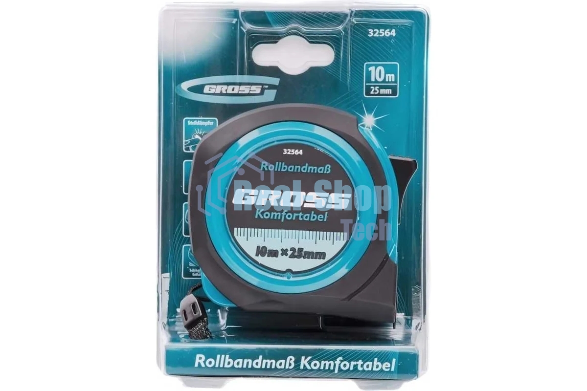 Рулетка Gross 32564 Komfortabel, 10 м х 25 мм обрезиненный корпус