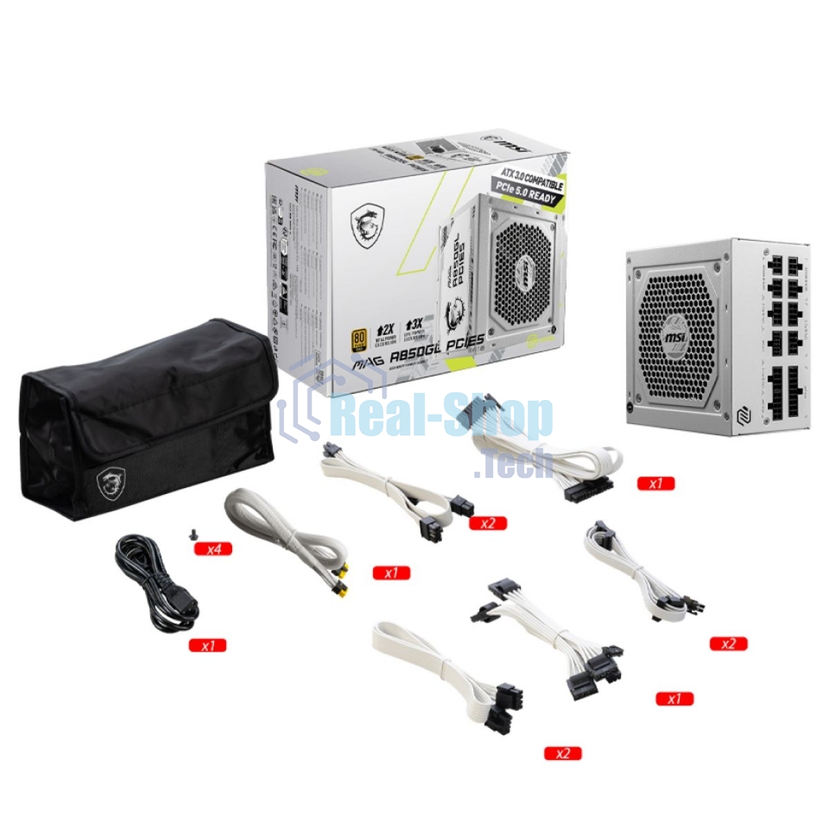 Блок питания MSI MAG A850GL PCIE5 WHITE, 850W, 80 PLUS Gold, полностью модульный, ATX 3.0, PCIE5, RTL белый