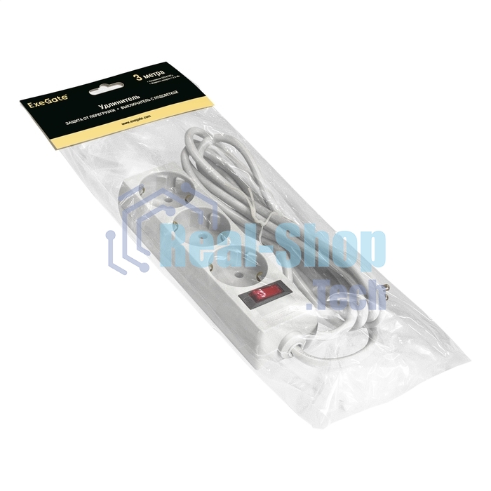 Удлинитель ExeGate EC-3-3W (EX279354RUS), белый, 3 м, евровилка с заземлением, 3 евророзетки с заземлением, 2200 Вт