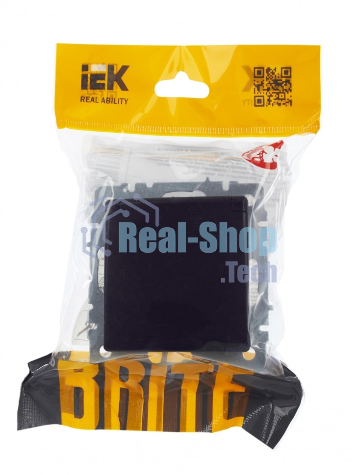 Розетка 1-местная IEK BRITE РСбш10-3-БрЧ (BR-R16-16-K02) с заземлением, с защитными шторками и крышкой, 16А, IP20, черный