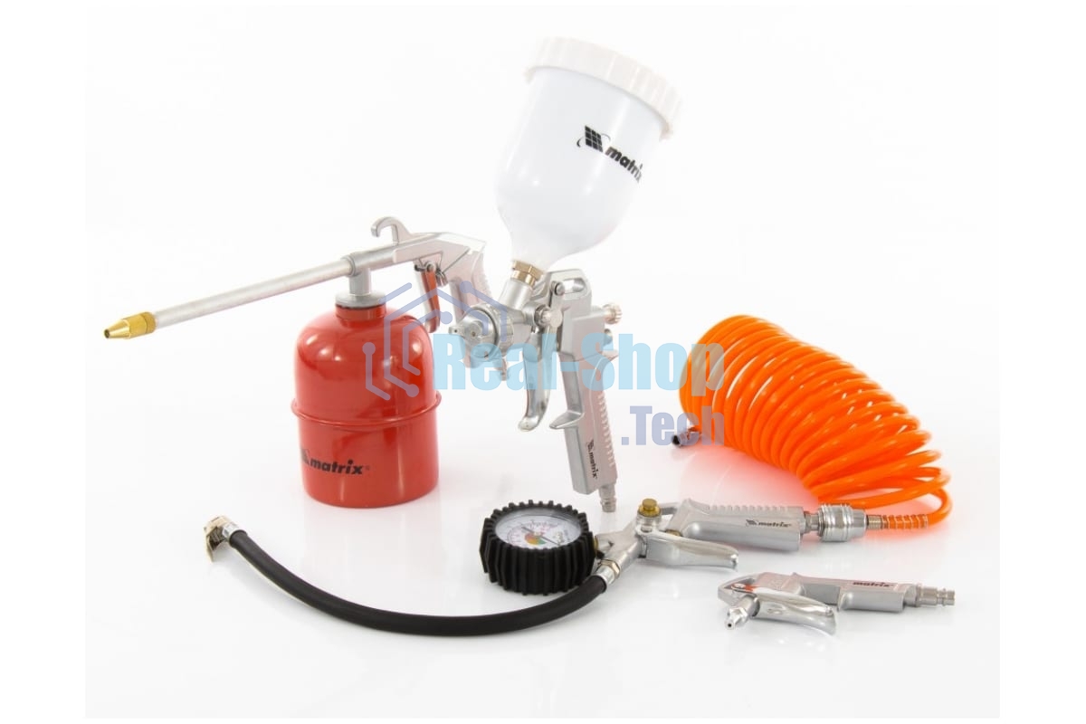 Набор пневмоинструмента Matrix, 5 предметов, быстросъемное соед. краскорасп. с верхним бачком