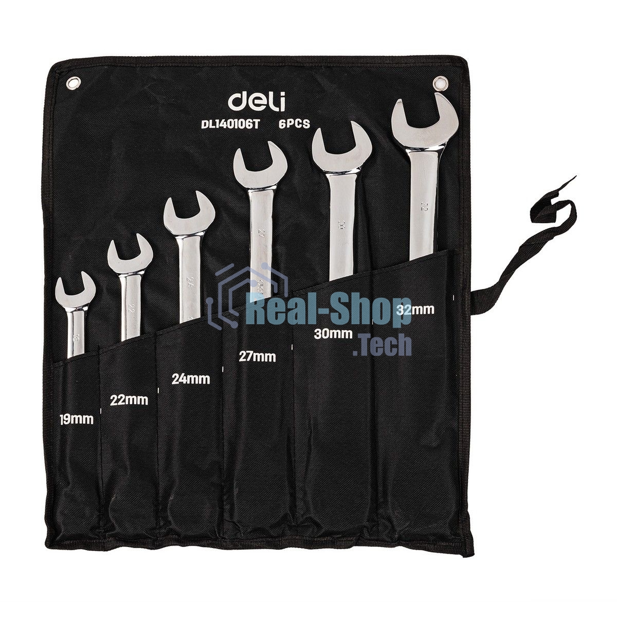 Набор комбинированных ключей с трещоткой 6 шт Deli DL140106T Спецификация: 19,22,24,27,30,32мм. Сталь 40 Cr. Трещотка 50BV30 72Т. Чехол из ткани Oxford