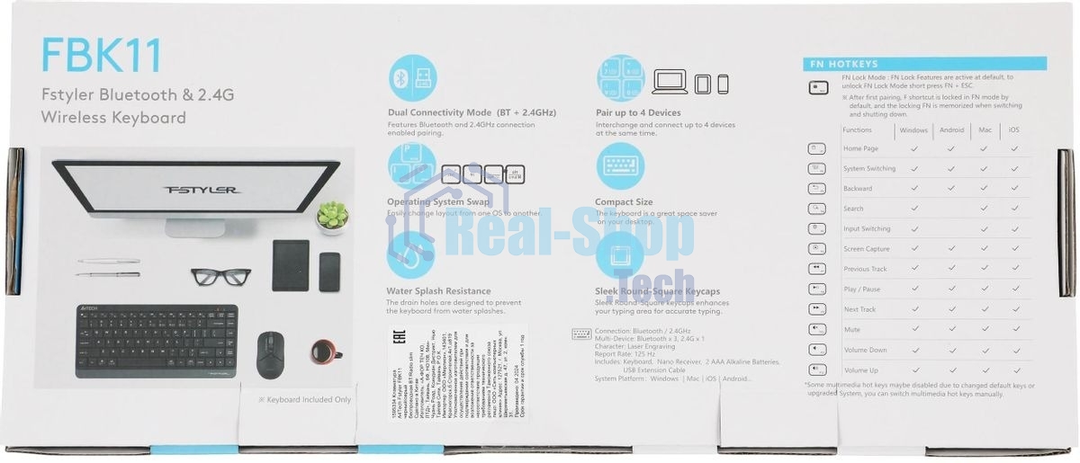 Клавиатура беспроводная A4Tech Fstyler FBK11, USB, Bluetooth/Радиоканал, черный/серый