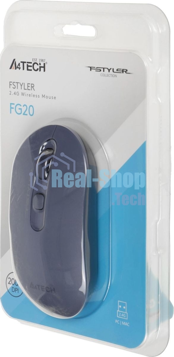 Мышь беспроводная A4Tech Fstyler FG20 пепельный/синий, 2000 dpi, радиоканал, USB, кнопки - 4