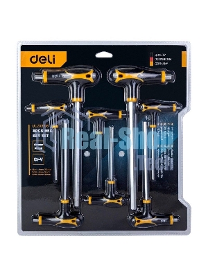 Набор шестигранных ключей Deli DL233108 8 шт. Материал: CR-V. Спецификация: 2x75 мм/2,5x75 мм/3x100 мм/4x100 мм/5x150 мм/6x150 мм/8x200 мм/10x200 мм. Удобная рукоять.