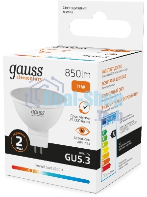 Лампа светодиодная Gauss Elementary 13511 11Вт цок.:GU5.3 софит 180B св.свеч.бел.теп. MR16 (упак.:10шт)