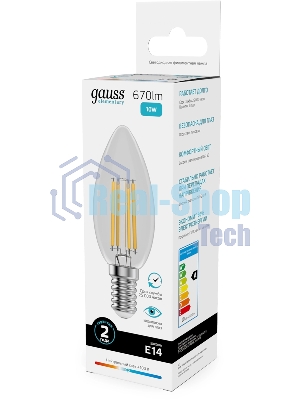 Лампа филам. Gauss Filament 10Вт цок.:E14 свеча св.свеч.бел.нейт. (упак.:10шт) (32120)