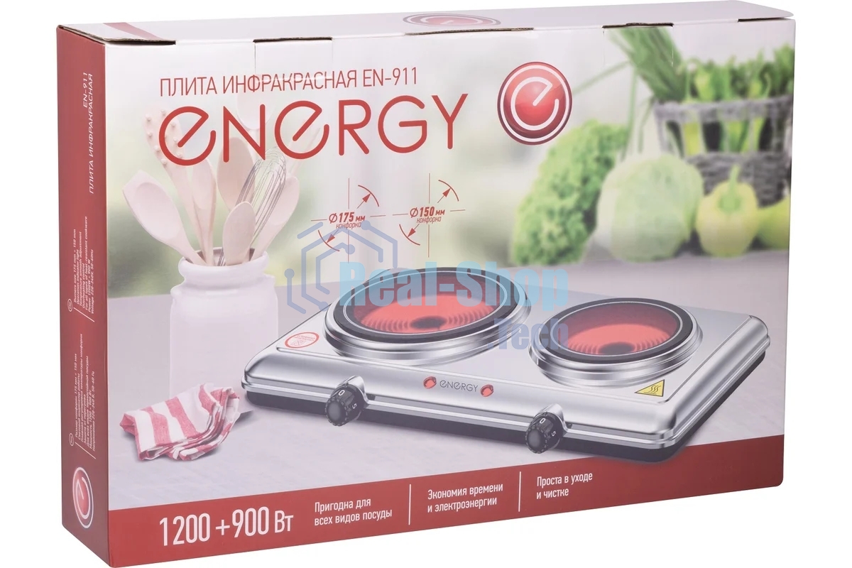 Плита настольная электрическая Energy EN-911 серебристый, 2,1 кВт, ТЭН, конфорки - 2, стеклокерамика, поворотные переключатели
