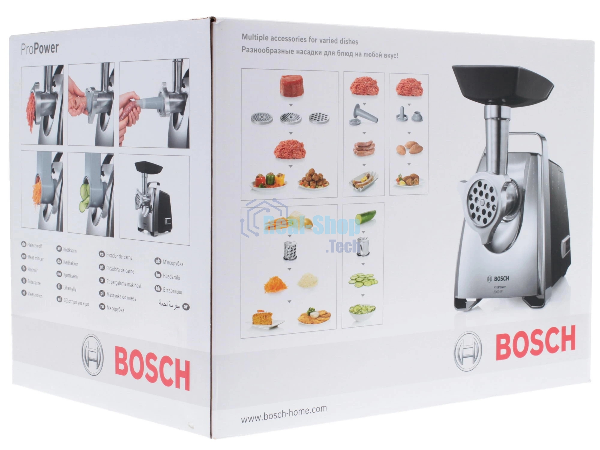 Мясорубка электрическая Bosch MFW67440 черный, 2000 Вт, 3.5 кг/мин, реверс, защита от перегрузки, насадки - 4