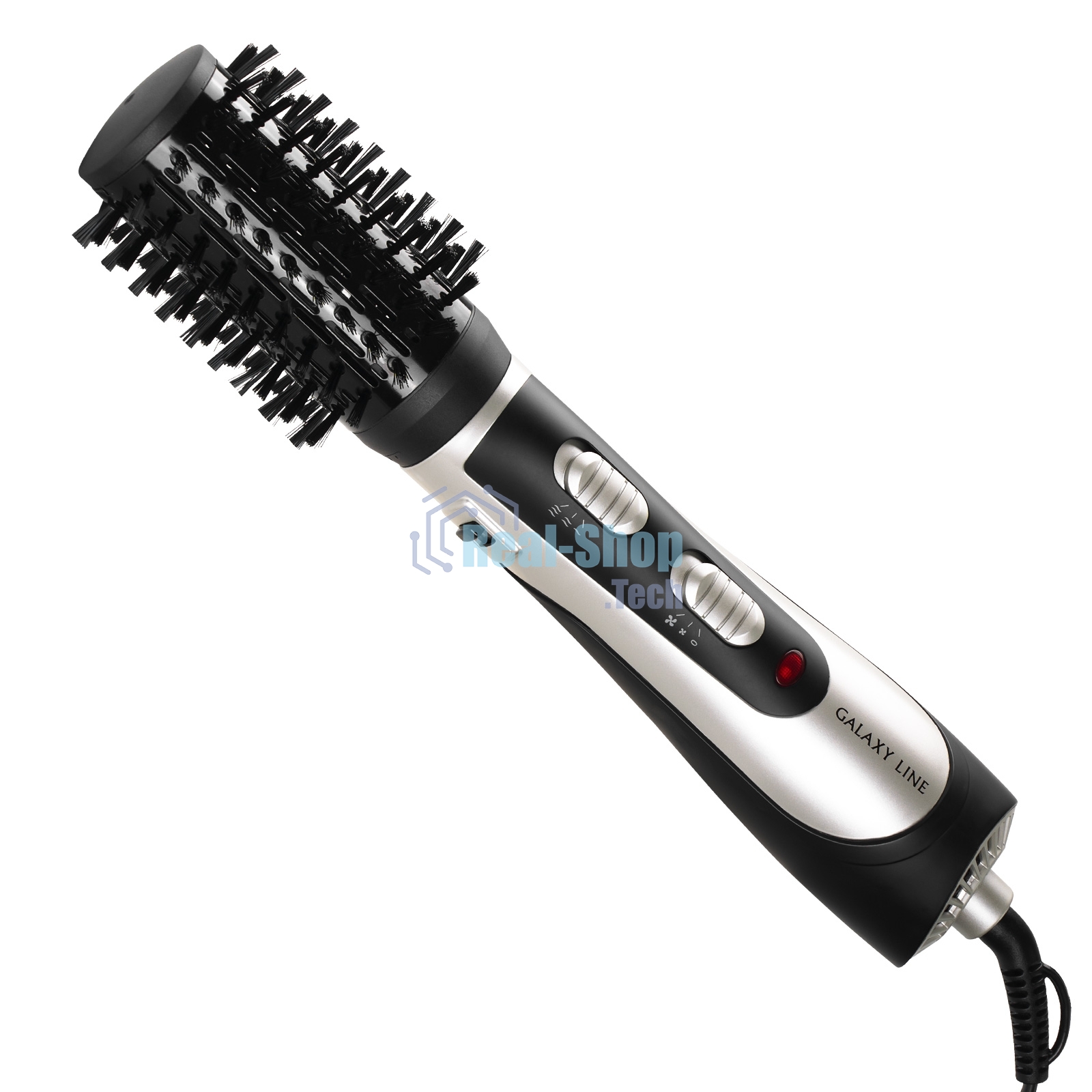 Фен-расческа Galaxy Line GL 4411, черный с серебристым, 1200 Вт, 2 скорости потока воздуха, 3 температурных режима, шнур, вращающийся на 360° с подвесной петлей, 3 насадки в комплекте