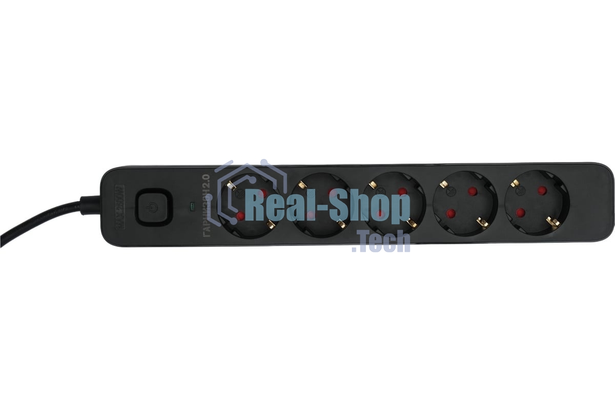 Сетевой фильтр Гарнизон 2.0 EPS-5-B-5, 5 р, 10А, 5 м, ур.защиты 2+, черный, пакет