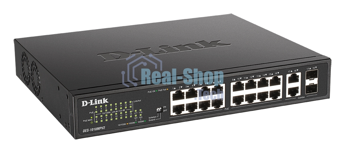 Коммутатор D-Link DES-1018MPV2/A1A, 16×100 Мбит/с + 2×1 Гбит/с Combo, неуправляемый