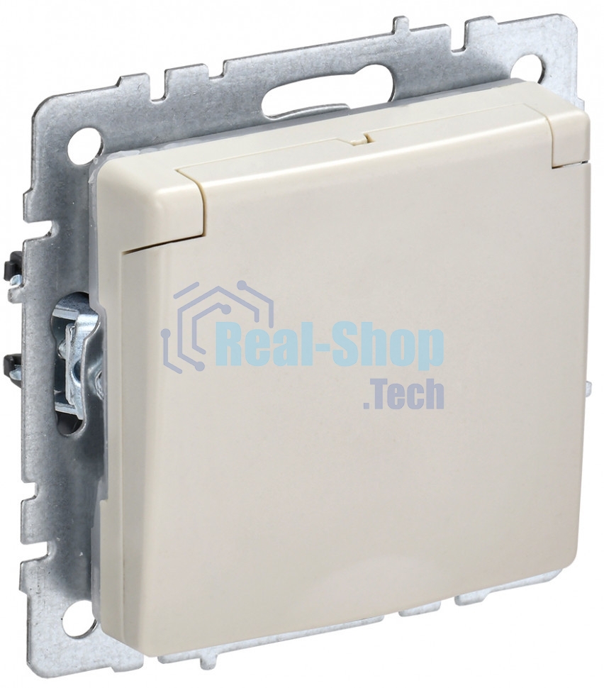 Розетка 1-местная IEK BRITE РСбш10-3-БрКр (BR-R16-16-K10) с заземлением, с защитными шторками и крышкой, 16А, IP20, бежевый