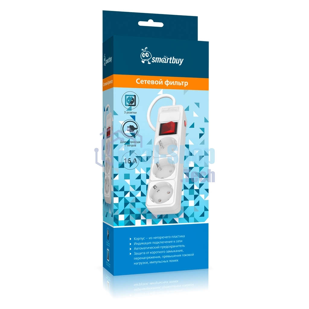 Сетевой фильтр 16А, 3500 Вт, 3 гнезда, без з/ш, с з/к, ПВС 3x1.0, 5 м, белый (SBSP-3-50-W)