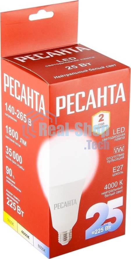 Лампа светодиодная Ресанта LL-R-A95-25W-230-4K-E27 груша