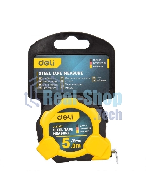 Рулетка Deli DL3796 5мx19мм, Автостоп, ударопрочный корпус, метрическая