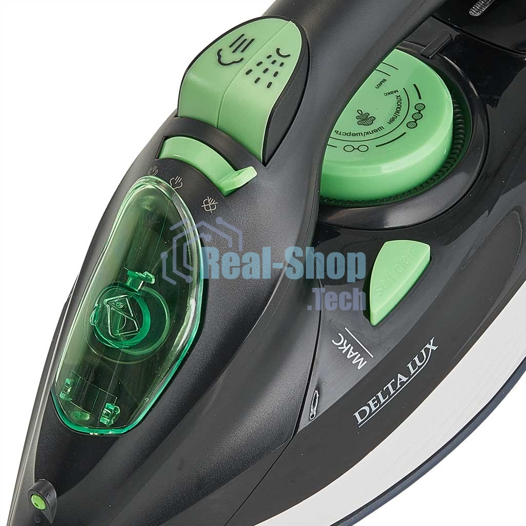 Утюг DELTA LUX DE-3002 черный с зеленым, 2800 Вт, 18 г/мин, 190 г/мин, 300 мл