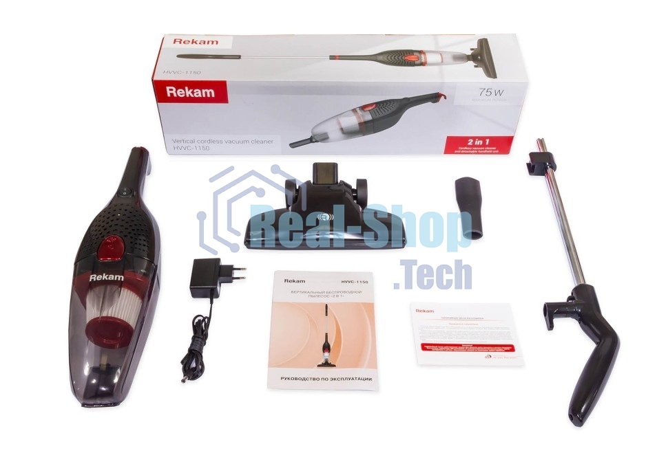 Пылесос вертикальный Rekam HVVC-1150 черный/красный, питание от аккумулятора, 25 Вт, уборка сухая, пылесборник 0.8 л, работа от АКБ max 30 мин