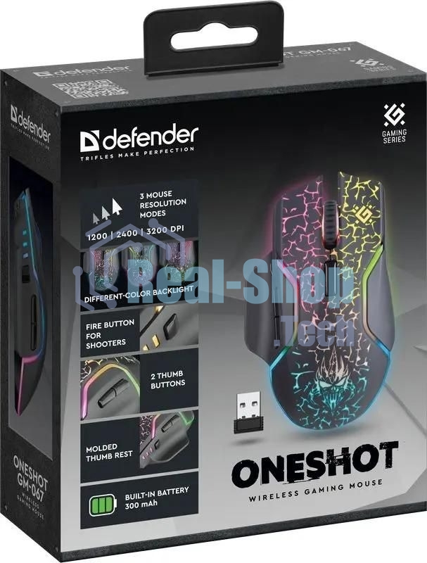Мышь беспроводная Defender Oneshot GM-067 черный, 3200 dpi, радиоканал, USB, кнопки - 7