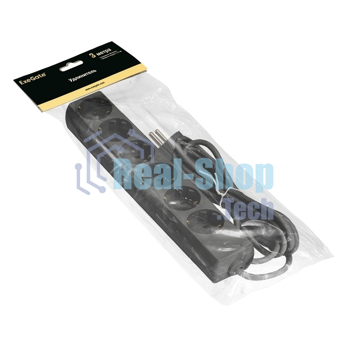 Удлинитель ExeGate ECE-6-3B (EX285831RUS), черный, 3 м, евровилка с заземлением, 6 евророзеток с заземлением, 2200 Вт