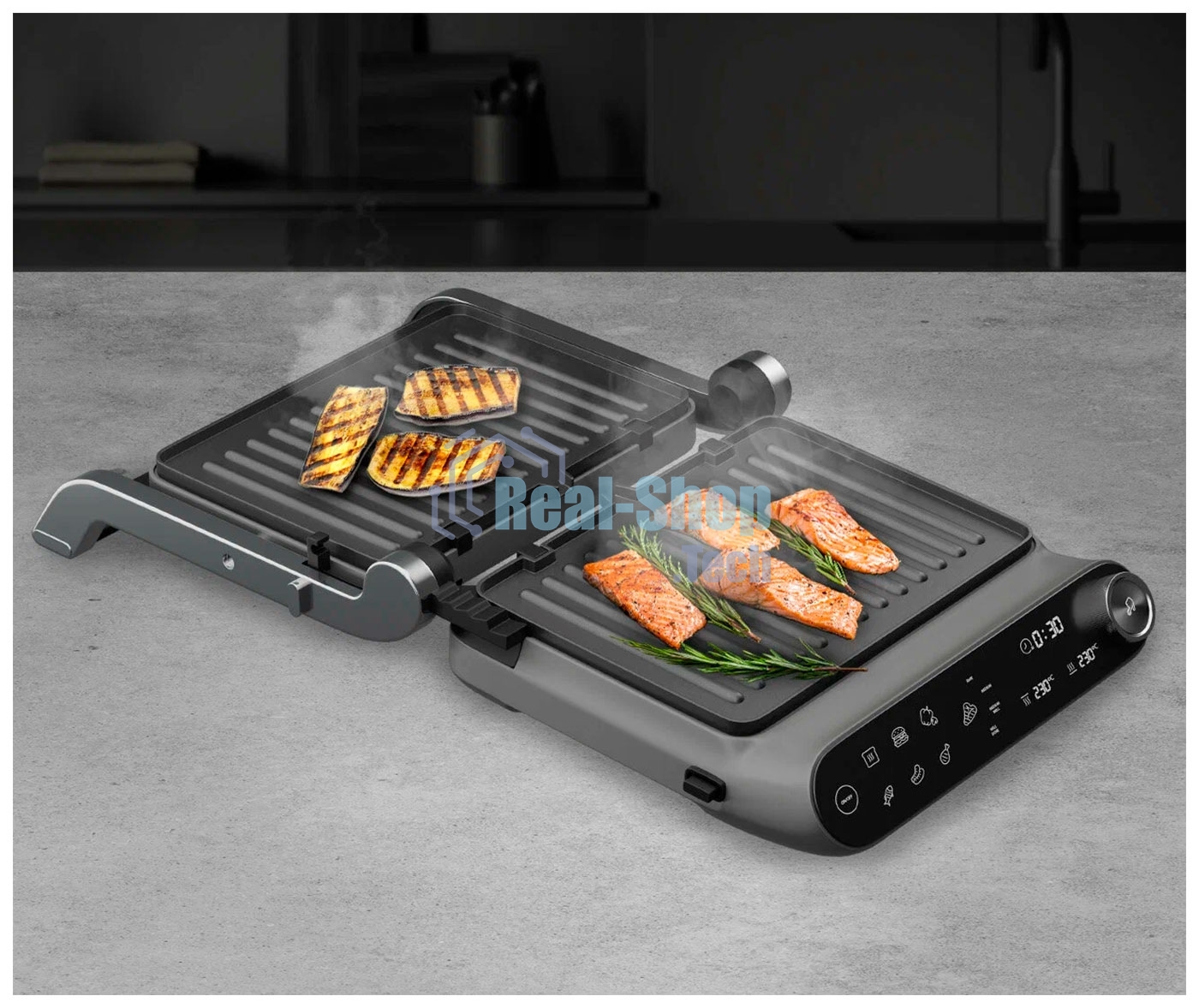 Гриль электрический Redmond SteakMaster GM-303 cерый, 2200 Вт, дисплей, таймер, антипригарное покрытие