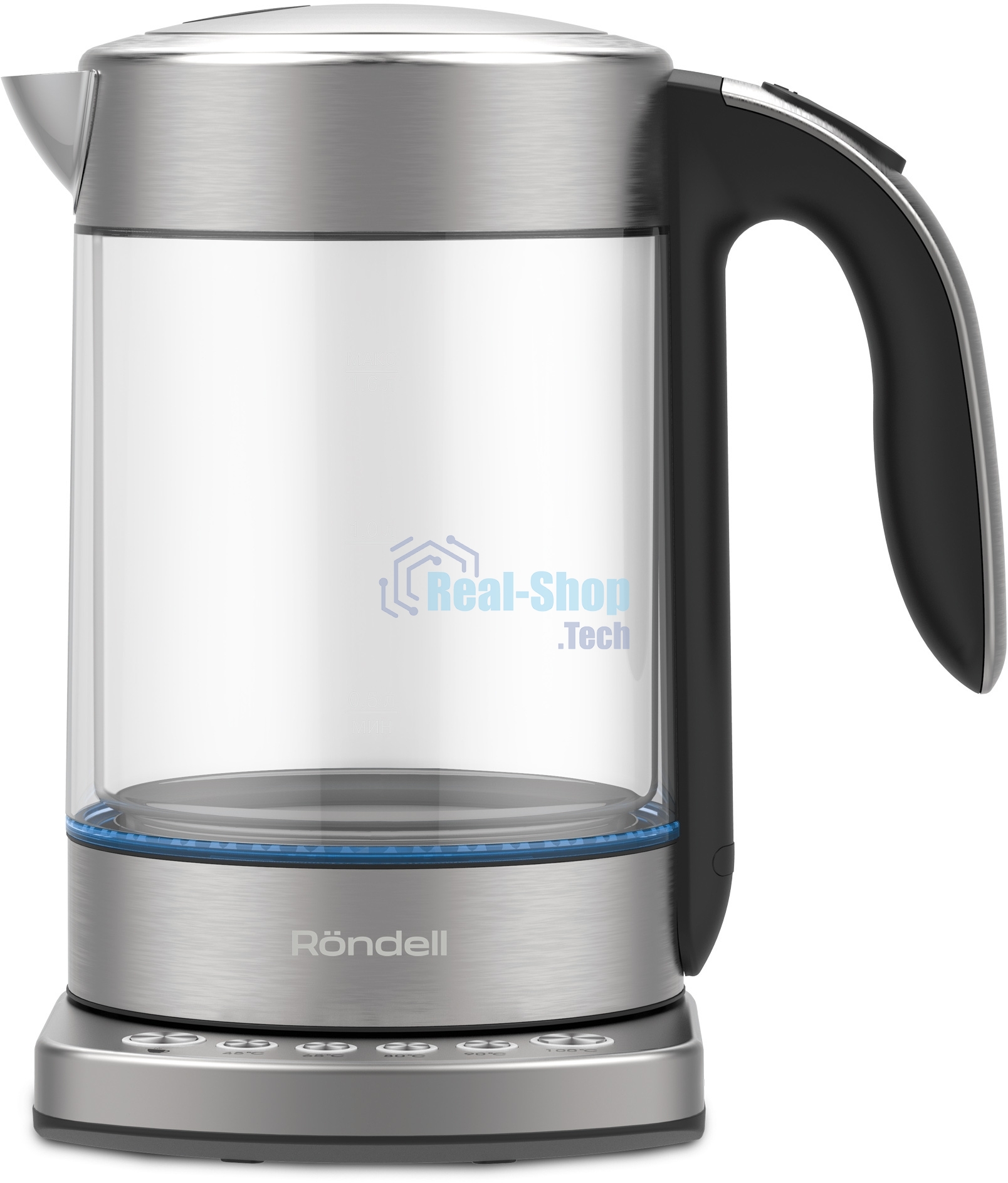 Чайник электрический Rondell RDE-WK888 1.6л. 2200Вт серебристый/прозрачный корпус: стекло