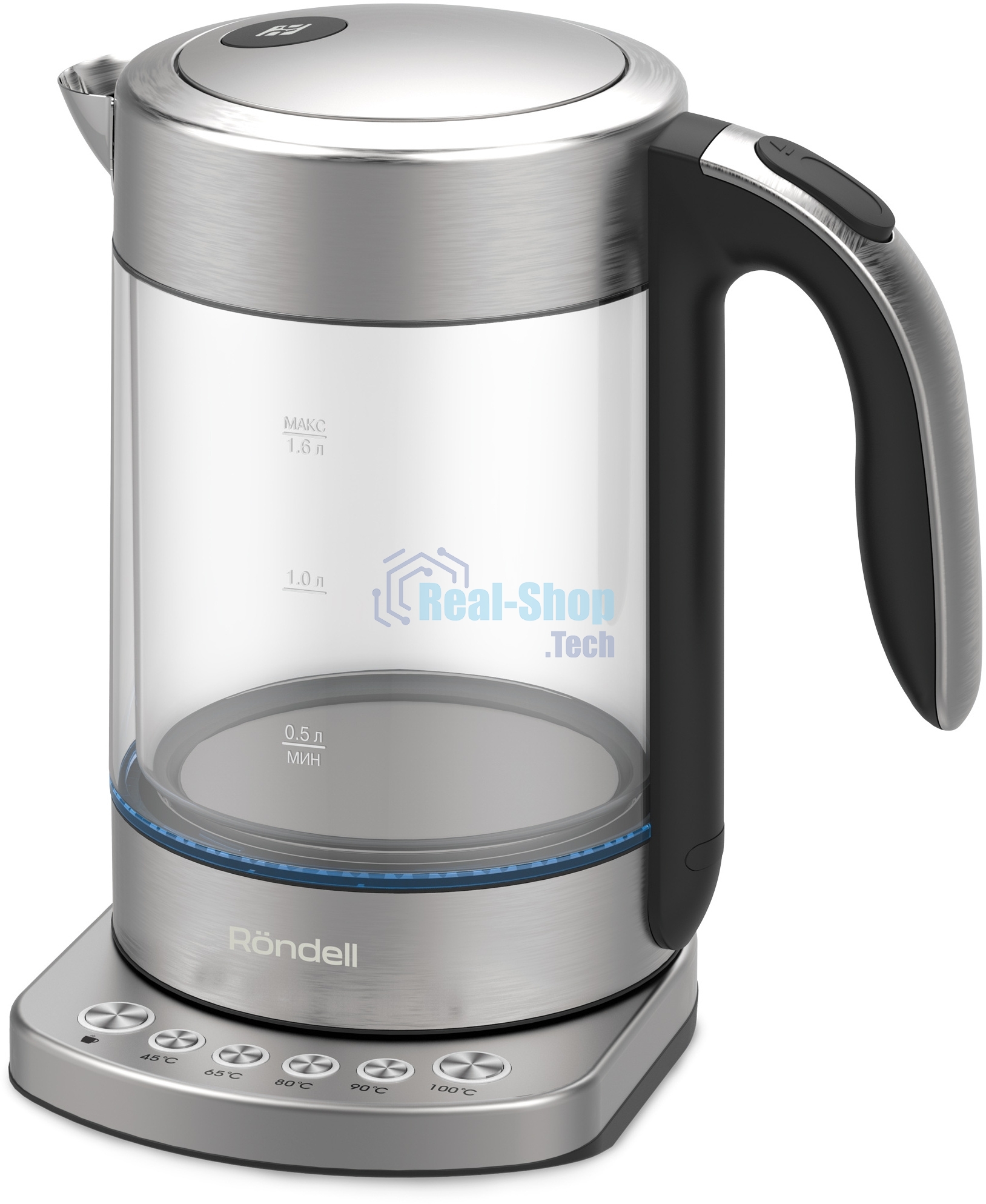 Чайник электрический Rondell RDE-WK888 1.6л. 2200Вт серебристый/прозрачный корпус: стекло