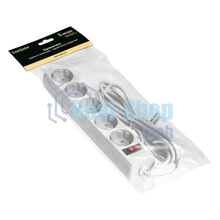 Удлинитель ExeGate EC-5-5W (EX279359RUS), белый, 5 м, евровилка с заземлением, 5 евророзеток с заземлением, 2200 Вт