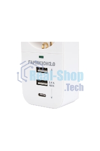 Сетевой фильтр Гарнизон SKT-1-CU2-W 2.0 Мультипорт однорозеточный, 1 р, 16А, 1xType-C, 2 х USB, ур.защиты 2+, белый (21440)