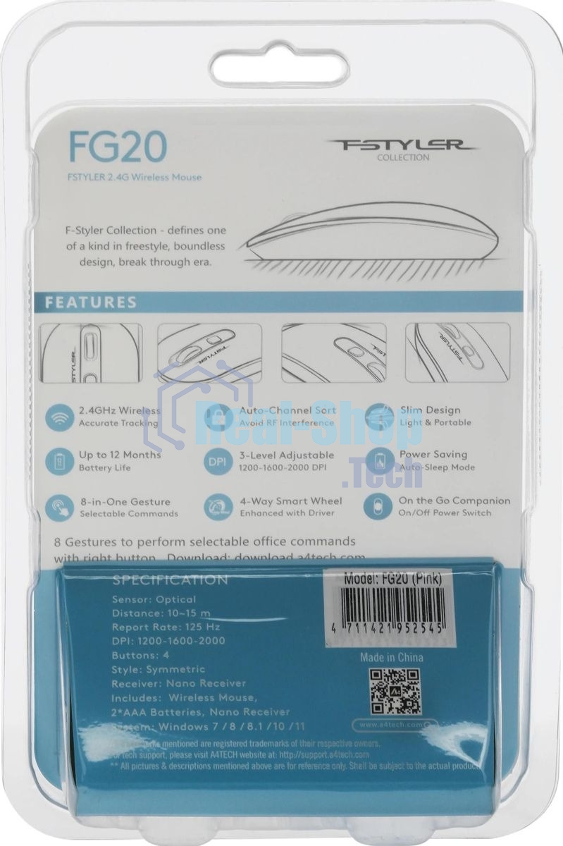 Мышь беспроводная A4Tech Fstyler FG20 розовый, 2000 dpi, радиоканал, USB, кнопки - 4