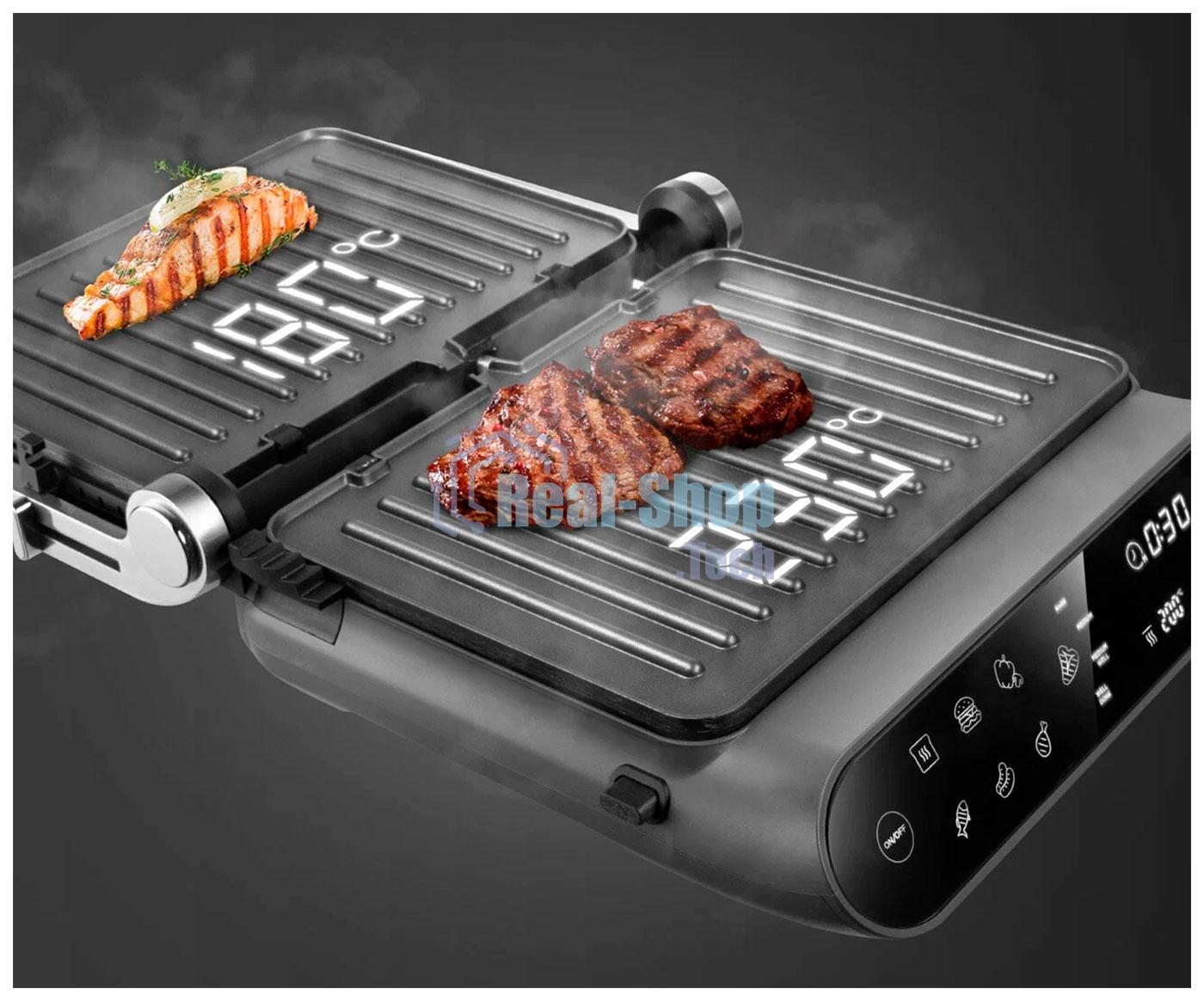 Гриль электрический Redmond SteakMaster GM-303 cерый, 2200 Вт, дисплей, таймер, антипригарное покрытие