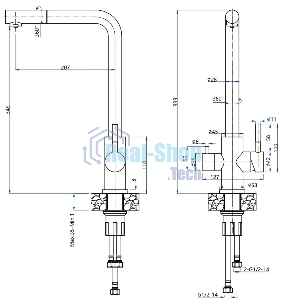 Кухонный смеситель GranFest Quarz GF-Z-5421, Г-образный, кран под фильтрованную воду, серый