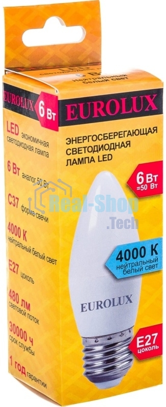 Лампа светодиодная EUROLUX LL-E-C37-6W-230-4K-E27 свеча