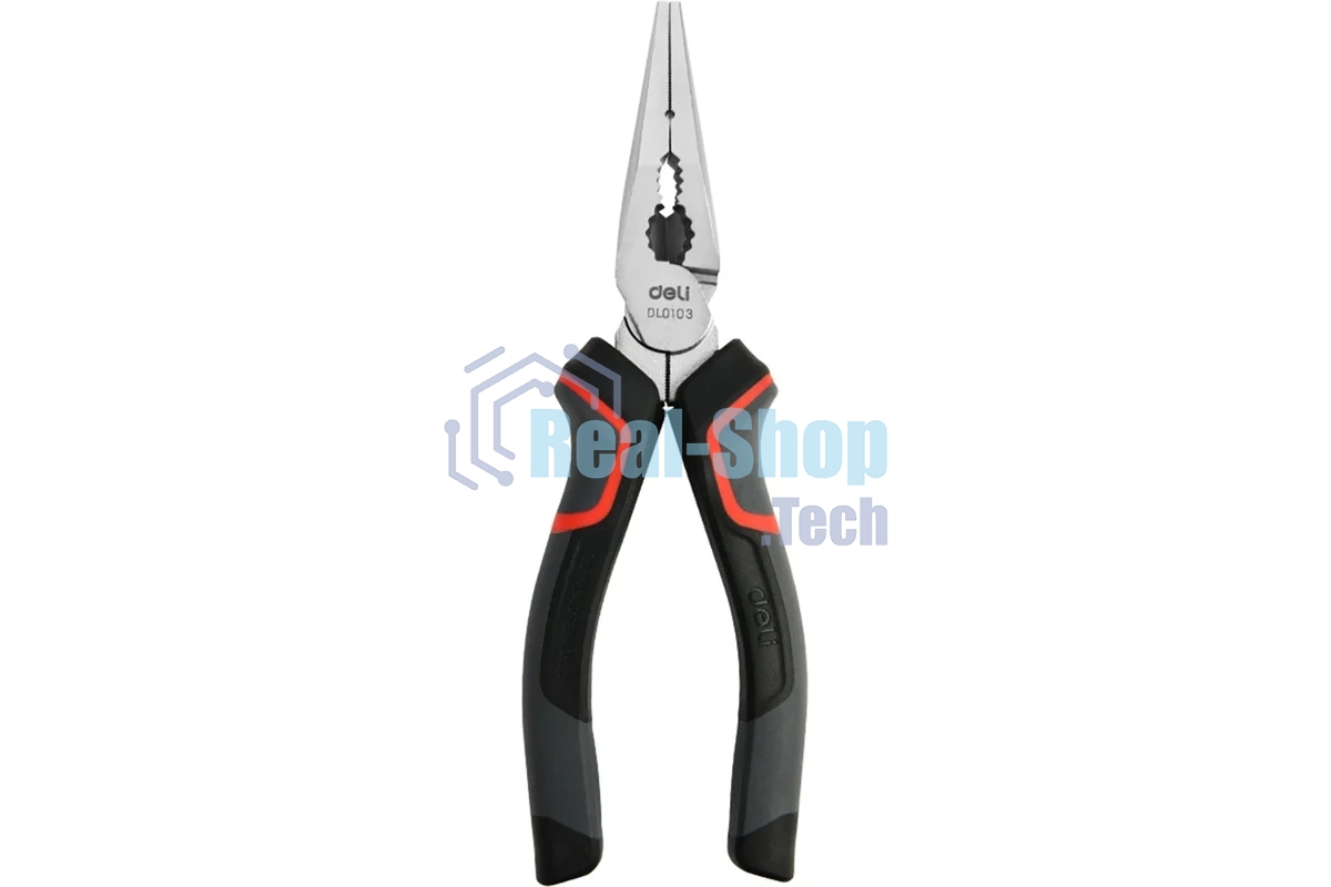 Удлиненные плоскогубцы Deli DL0103 160 мм, Cr-V, эксцентриковый шарнир, антикоррозийное покрытие, трехкомпонентная прорезиненная рукоять