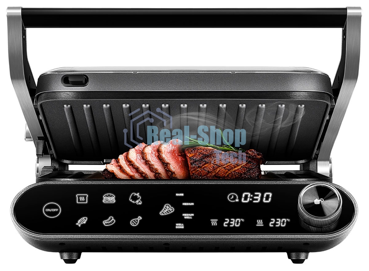 Гриль электрический Redmond SteakMaster GM-303 cерый, 2200 Вт, дисплей, таймер, антипригарное покрытие