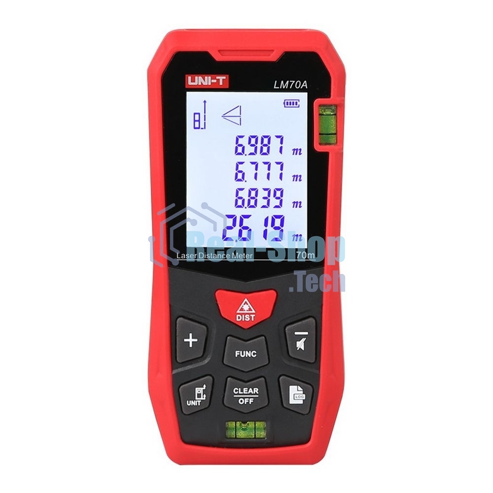 Лазерный дальномер UNI-T LM70A Диапазон расстояний (70 м); Тип дисплея (ЖК); Единицы измерения (м/фут/дюйм); Основа измерения (спереди/сзади);